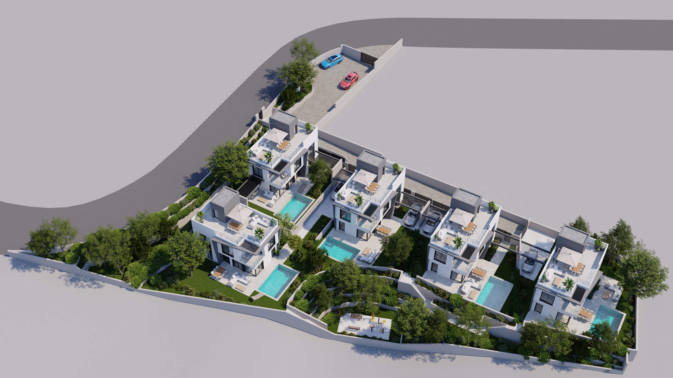 Alonis Villas — архитектурный рендер комплекса из 5 вилл с частными бассейнами (Villajoyosa)